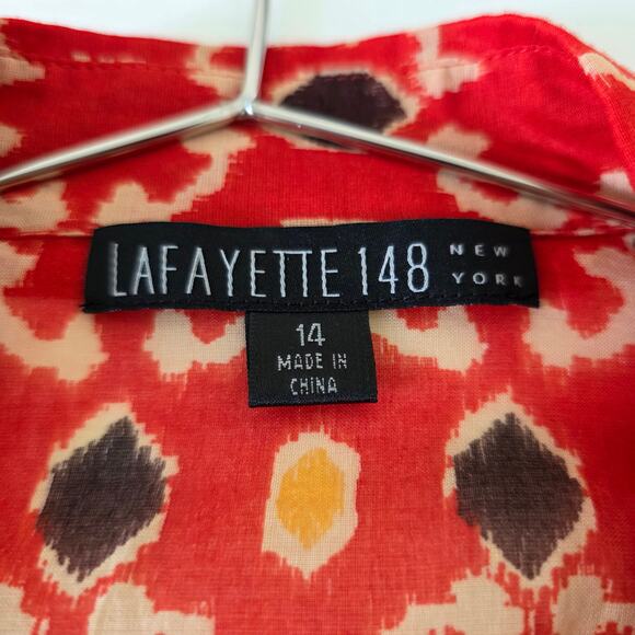 Lafayette 148 New York Red Ikat Print Button Front Blouse Women Sz 14 Tie Front - Picture 11 of 13